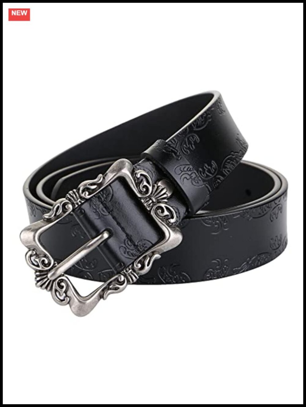Genuine Leather Women's Belt for Jeans with Vintage Embossed Floral Pattern